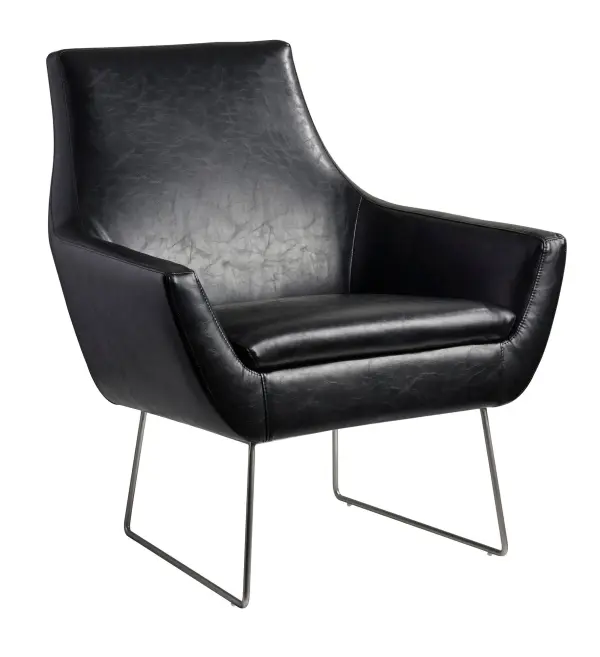 The Kendrick Chair combines contemporary minimalism with industrial edge through its brushed steel legs and distressed black leather upholstery. Spacious seating with 350-lb capacity offers comfort and durability.