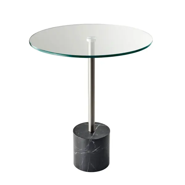 The Blythe End Table combines brushed steel, chunky black marble, and clear tempered glass for a refined contemporary look. Its minimalist design showcases beautiful marble grain details while maintaining practical functionality.
