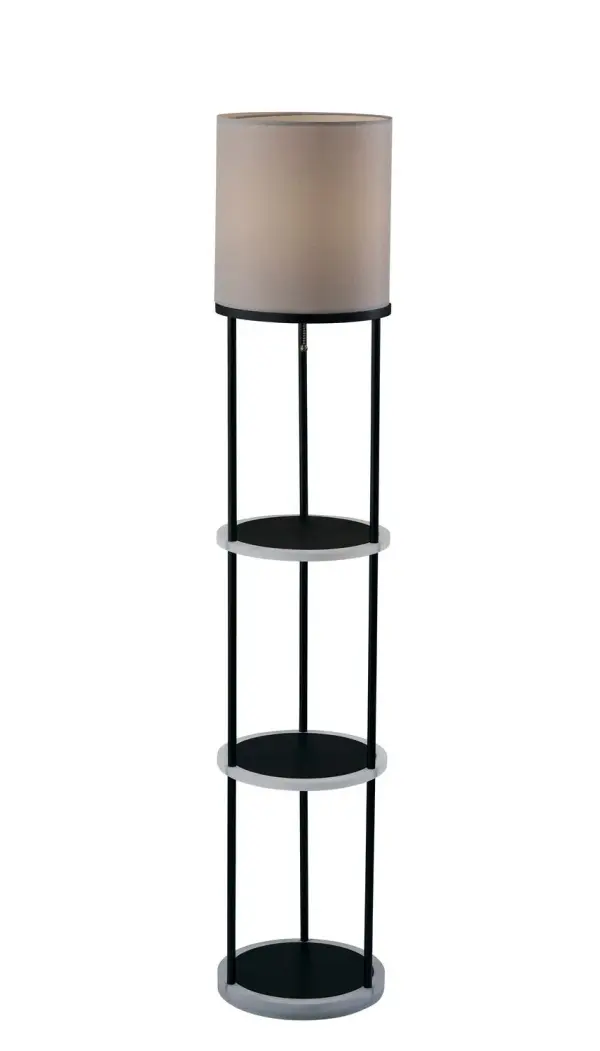 This floor lamp combines a slim metal frame, a round shade, and three open shelves for lighting and display in one vertical design. The clear glass shelves keep the look light and airy, while the integrated storage adds practical function in smaller spaces. It is an easy fit for bedrooms, apartments, and casual living rooms. Collection: Keely Finish: Black Glass: Linen texture fabric shade Width: 10.75" Height: 56.83" Length: 10.75" Weight: 18.00 lb Extension from Wall: 10.75" Wire: 60" Clear cord Maximum Wattage: 150.00 W Bulb Base: E26 Light Source: Incandescant Material: Plastic:50% Fabric:30% Electric:20% Country of Origin: China Safety Listing: ETL Switch: Pull chain switch& LOTUS APP Control RGB