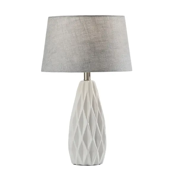 This bonus pack includes two matching table lamps featuring white geometric ceramic bases and light grey textured fabric shades. Perfect for creating symmetry in bedrooms or living spaces with contemporary style and functional lighting.