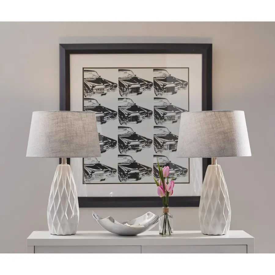 Modern Geometric Table Lamp Set with Textured Fabric Shades - Image 2