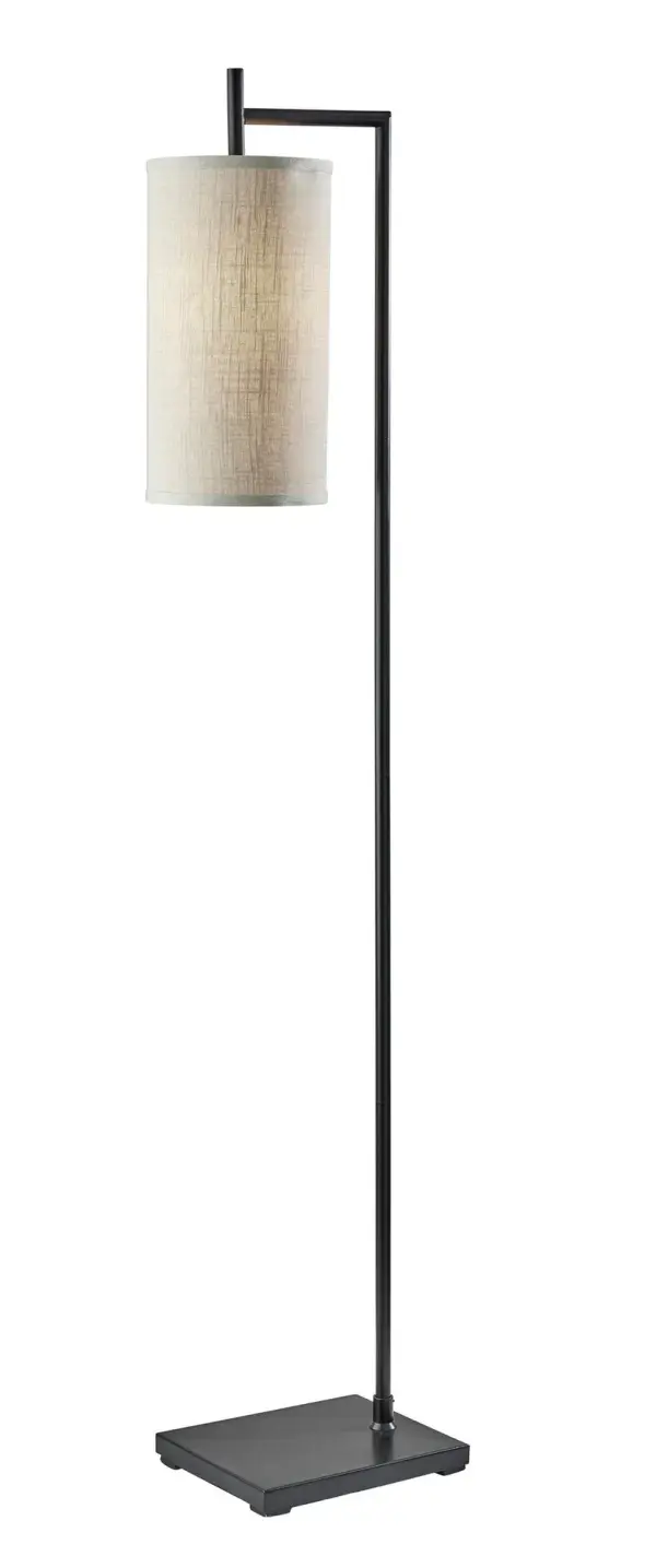 The Zion floor lamp combines clean architectural lines with a compact footprint, making it perfect for modern spaces. Its monochrome black finish and textured beige shade create sophisticated ambient lighting.