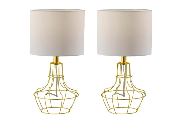 The Stella 2-piece bonus pack delivers modern industrial style with brass metal cage bases and white fabric shades. At 18.75" tall, these compact lamps are perfect for adding character to bedrooms, living spaces, or offices without overwhelming smaller surfaces.