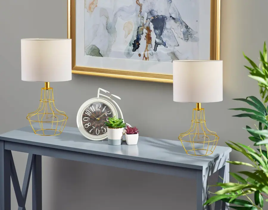 Contemporary Cage-Style Table Lamps with Warm Brass Finish - Image 2