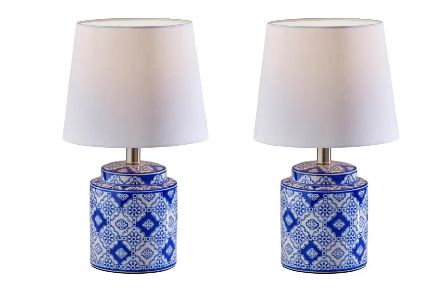 Charming Blue & White Ceramic Lamp Pair with Timeless Appeal - Image 1
