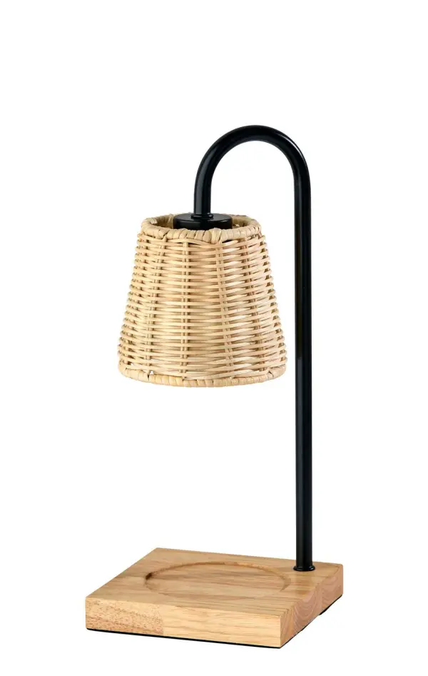 Elevate your ambiance with the Ridgley Candlewarmer Lamp, where rustic warmth meets modern convenience. Designed to gently release the fragrance of your favorite candles—no flames required—this beautifully balanced piece features a natural wood base with a carved candle cradle, a matte black pole, and a woven rattan shade that radiates effortless charm. Its in-line switch lets you adjust brightness to the mood and set a timer for carefree use. Whether creating a serene spa atmosphere or setting the stage for cozy evenings, the Ridgley glows with understated luxury and function. Collection: Ridgley Finish: Black Glass: Rattan Width: 5.50" Height: 13.25" Length: 5.50" Weight: 2.39 lb Extension from Wall: 5.50" Wire: 60" Black Cord Bulbs Included Maximum Wattage: 50.00 W Bulb Base: GU10 Light Source: Halogen Material: Wood:40%, Metal:20%, Rattan:30%, Electrical parts:10% Country of Origin: Cambodia Safety Listing: ETL Switch: In-Line Timer Switch Connection: Plug-in