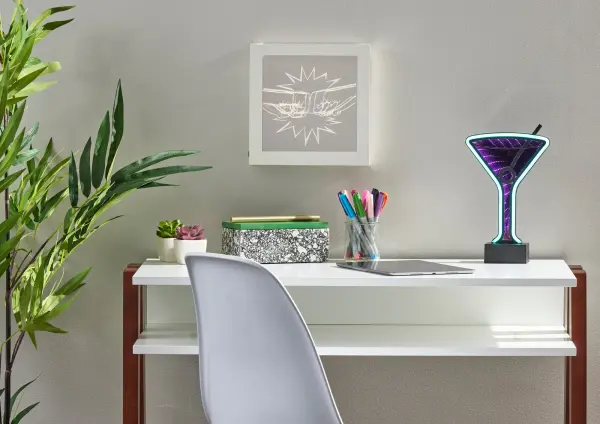 This playful martini glass neon light combines vintage aesthetics with modern LED technology. Features multiple lighting modes, battery or USB power, and versatile mounting options for tables or walls. - alternate view
