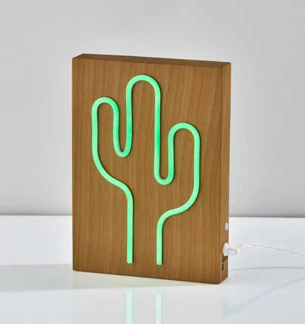 Wood Framed Neon Cactus Lamp - Image 3