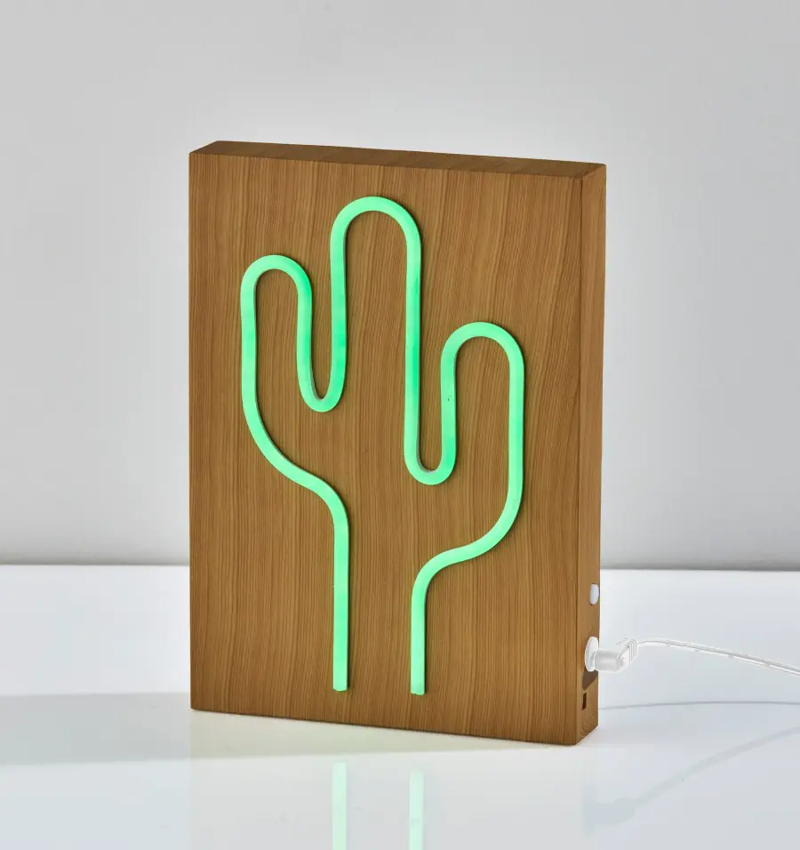 Wood Framed Neon Cactus Lamp - Image 3