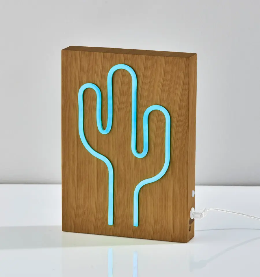 Wood Framed Neon Cactus Lamp - Image 7