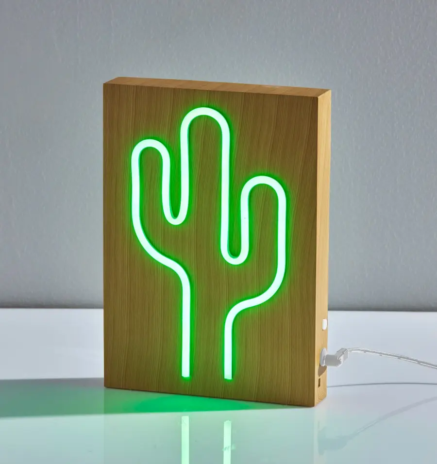 Wood Framed Neon Cactus Lamp - Image 8