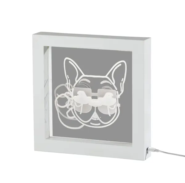 This whimsical 9x9.25-inch light box features a French bulldog in sunglasses, illuminated by energy-efficient LED lighting. Versatile mounting options and dual power sources make it ideal for any space.