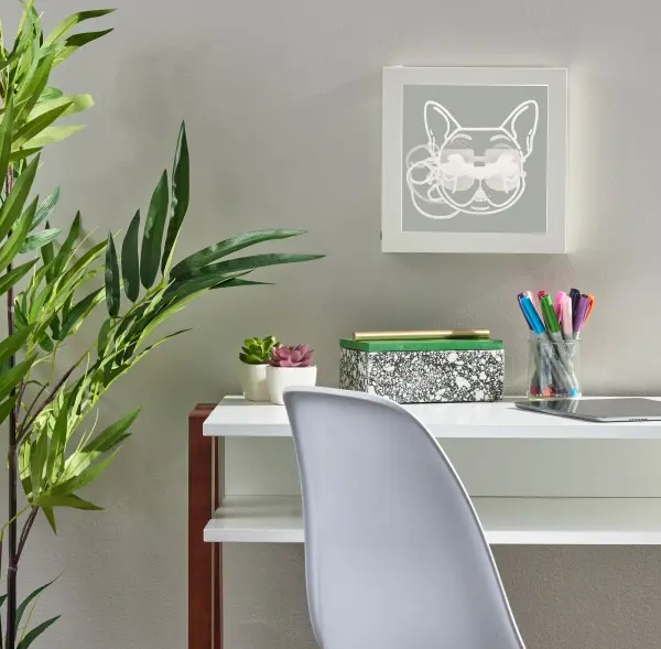 This whimsical 9x9.25-inch light box features a French bulldog in sunglasses, illuminated by energy-efficient LED lighting. Versatile mounting options and dual power sources make it ideal for any space. - alternate view