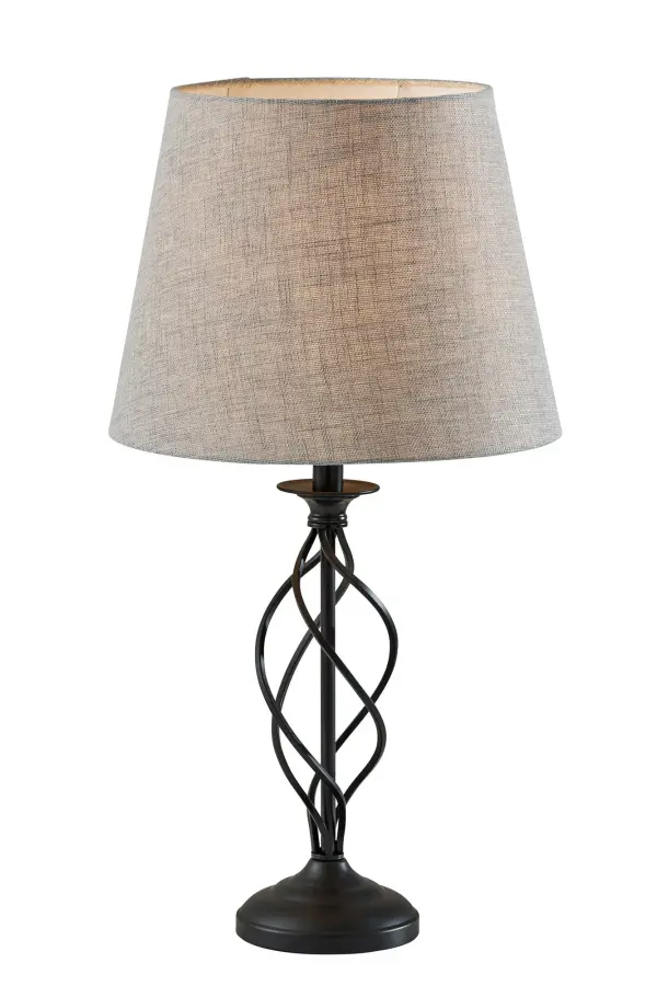 The Darcy Table Lamp combines modern sculptural design with practical functionality. Its distinctive open spiral metal base creates visual interest while the textured grey fabric shade softens light for ambient illumination.