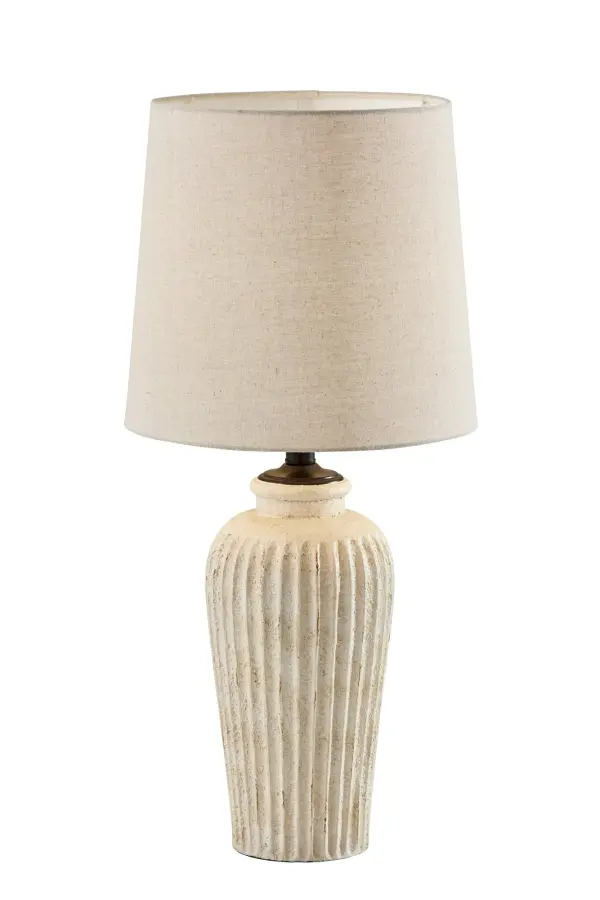 The Callista Table Lamp combines handcrafted ceramic artistry with contemporary design. Its ribbed off-white base and tan textured shade create warm, inviting ambiance perfect for bedrooms and living spaces.