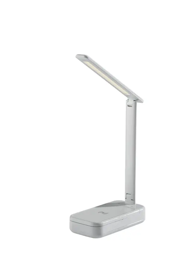 This innovative desk lamp combines three essential functions: adjustable LED task lighting with smart touch controls, laboratory-tested UV-C sanitization for everyday items, and convenient wireless charging for multiple devices.