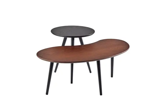 The Gilmour nesting tables offer versatile functionality with their unique bean and round shapes. Featuring complementary walnut and black oak veneers with tripod rubberwood legs, this set is perfect for smaller spaces.