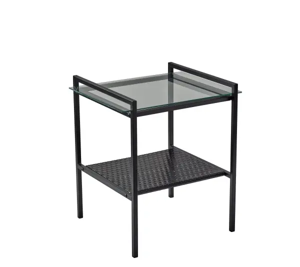 Add a stylishly fashionable feel to your living space with the two-tiered Pearson accent table. With matte black legs that frame the top, this 19.375 tall table also features a clear glass top and a matte black woven metal shelf for displaying your favorite books and accent pieces. Complete your space's look with the matching Pearson coffee table. Collection: Pearson Finish: Black Width: 19.13" Height: 20.25" Length: 16.75" Weight: 15.00 lb Material: Glass : 42.60 % Metal : 57.40 % Country of Origin: Taiwan Instructions