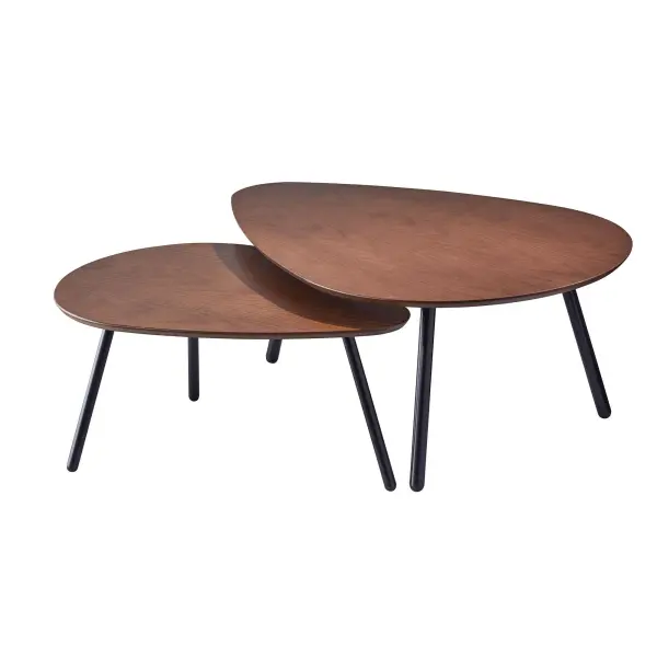The Hendrix nesting coffee tables offer exceptional flexibility with their guitar pick-shaped tops and dual-height design. Nest together for a layered coffee table or separate for multiple surface areas throughout your space.