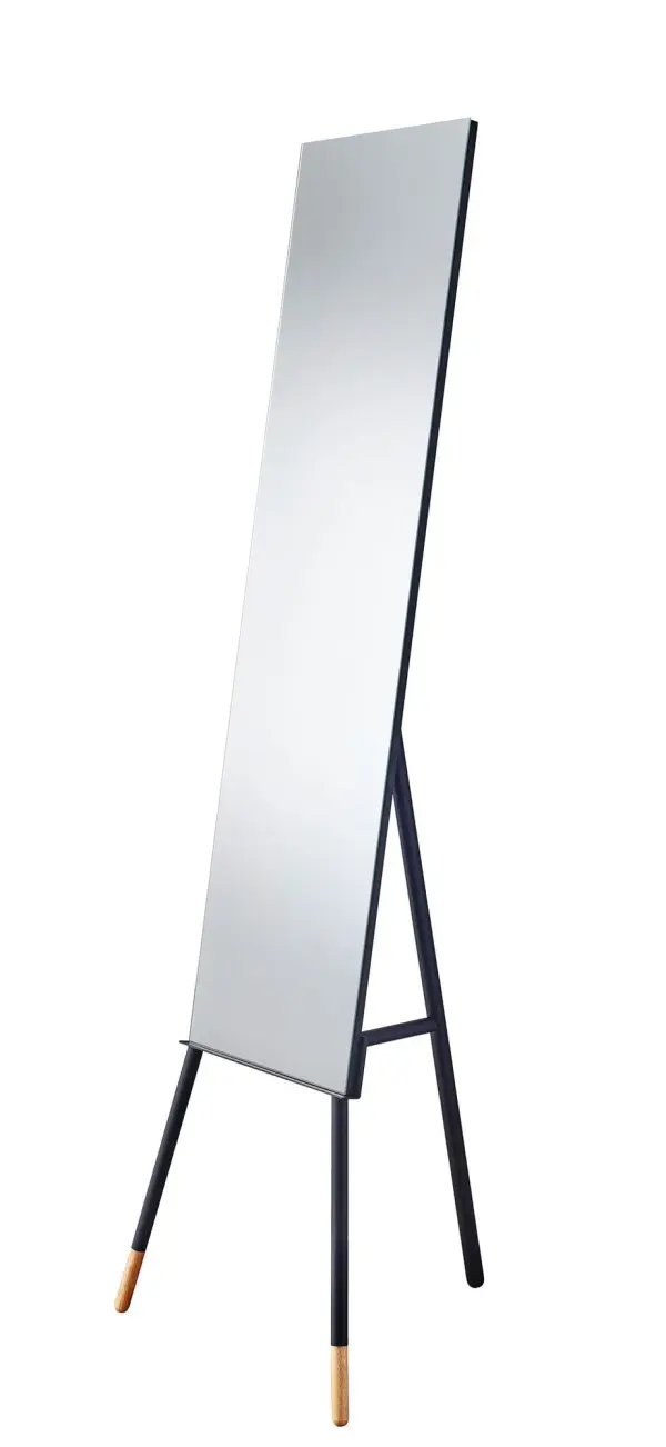 The Louise floor mirror combines matte black metal legs with eco-friendly rubberwood accents in a sturdy tripod design. At nearly 57 inches tall, it makes a bold statement while remaining versatile enough for contemporary, transitional, and urban lodge aesthetics.