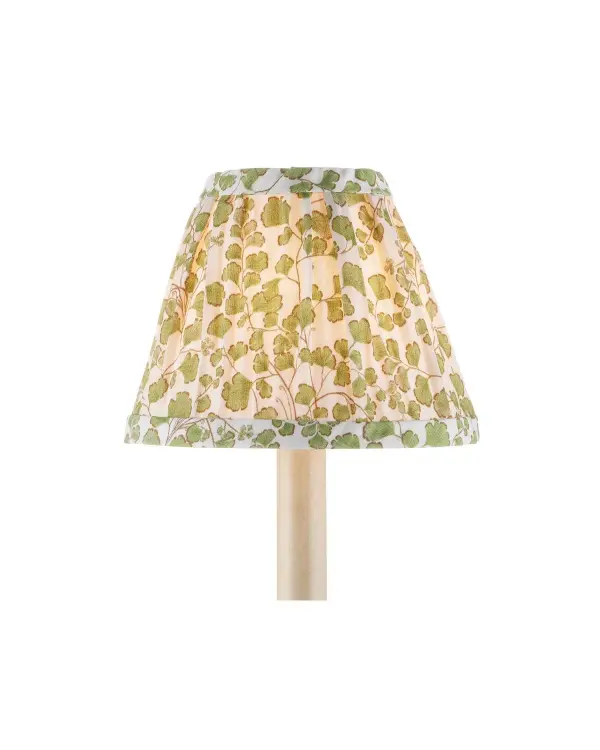 This tapered pleated shade brings organic elegance with its gingko-inspired green and ivory pattern. The cotton fabric from Lacefield Designs partnership offers quality craftsmanship in a compact size perfect for accent lighting.