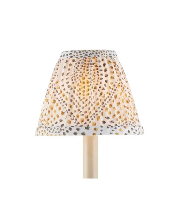 This handcrafted cotton shade from Lacefield Designs brings artisanal charm with its abstracted dot pattern in warm gold, brown, and ivory tones. The compact 6-inch size works beautifully on multi-light chandeliers or as a coordinating element in layered lighting schemes.