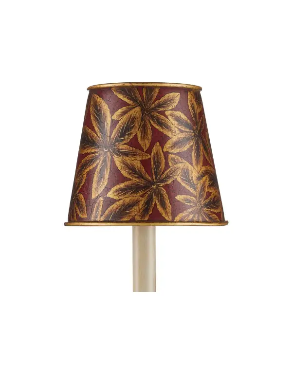 This decorative chandelier shade brings Old World elegance with hand-detailed chestnut leaves in shimmering gold against a deep red patterned background. The compact 6-inch size makes it ideal for multi-light chandeliers.