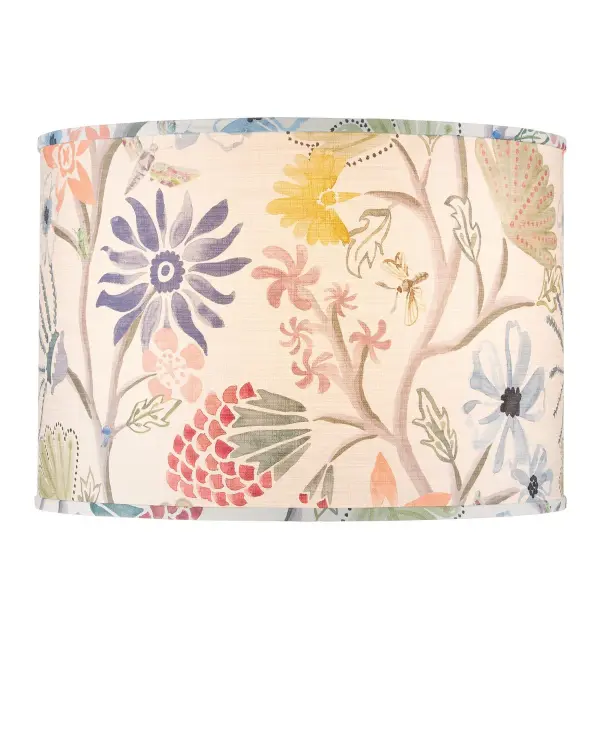 This oversized drum shade from Lacefield Designs features a hand-stenciled wildflower pattern in cheerful multi-colors. The 20-inch diameter makes a bold statement while the cotton construction ensures soft, diffused light.