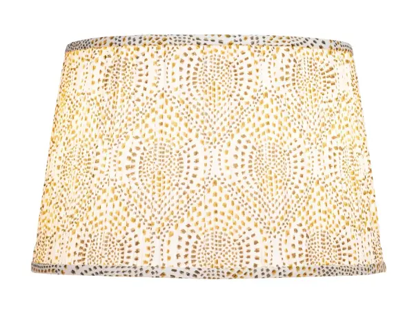 The Lenore shade brings handcrafted charm with its block-printed dot pattern in warm gold and brown tones. The pleated cotton construction diffuses light beautifully while adding textural interest to traditional and transitional interiors.