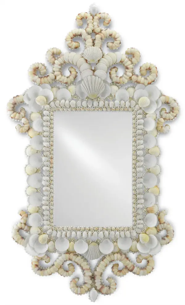 The Cecilia Mirror transforms any space with its hand-applied shell flourishes that create organic, oceanic movement. At 62 inches tall, this substantial piece serves as both functional mirror and sculptural art.