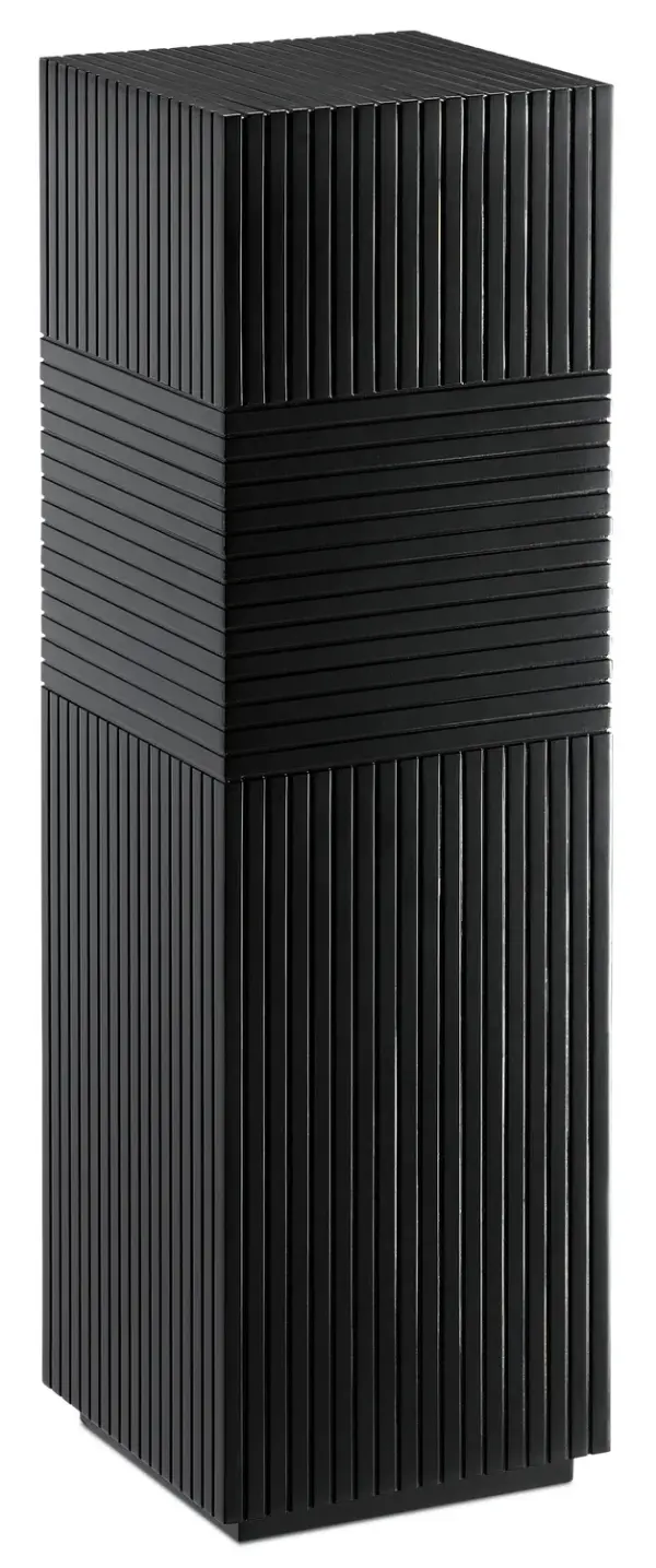 The Odense Pedestal combines modern minimalism with tactile interest through parallel striations and alternating banding. Its recessed base creates visual lightness despite solid construction.