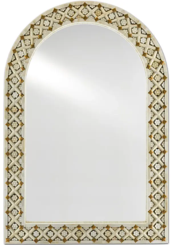 A stunning statement piece featuring intricate hand-inlaid bone in crosshatch patterns with floral motifs. The arched silhouette and brass accents create an exotic, luxurious focal point that elevates any space with artisanal craftsmanship.