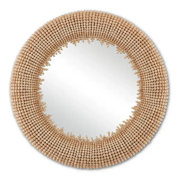 The Jeanie Mirror transforms a functional piece into decorative art with its distinctive wooden bead framing. The playful strands extending beyond the mirror's edge create visual interest and tactile appeal, perfect for adding organic texture to coastal or modern interiors.