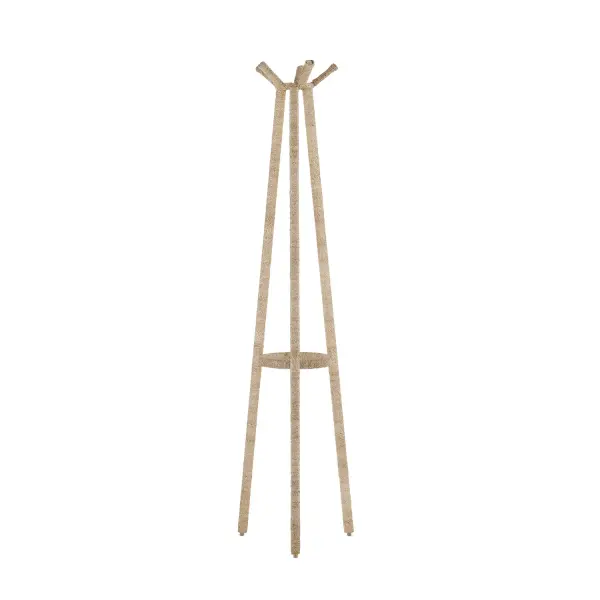This handwrapped abaca rope coat rack brings organic texture and coastal charm to entryways. The natural fiber wrapping over solid wood construction creates a sturdy, sculptural piece that's both functional and decorative.