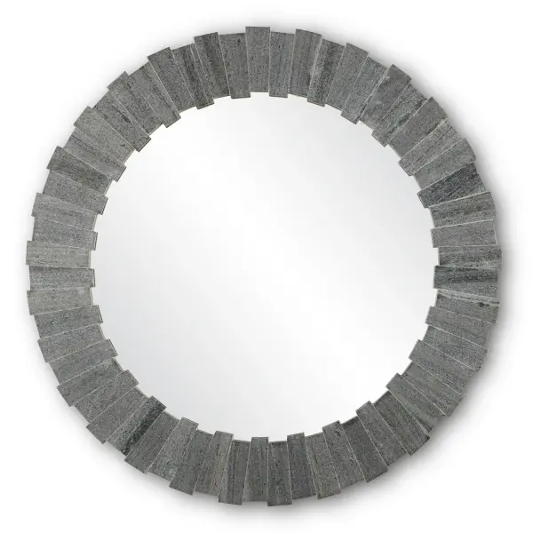 A statement-making round mirror featuring hand-cut marble slices in varying thicknesses and lengths. The mosaic-inspired design creates rich texture and visual depth, while the matching painted substrate ensures seamless integration.