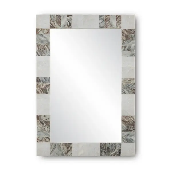 The Elena Mirror showcases exceptional craftsmanship with intermingled Toronto brown and India white marble creating a sophisticated textural frame. Its versatile mounting system and balanced proportions make it a statement piece.