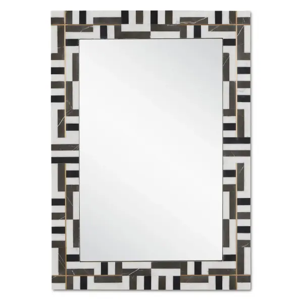 A striking rectangular mirror featuring an intricate geometric pattern crafted from three premium marble varieties—Ambaji, Marquina, and Pietra Gray—accented with brass inlay. The bold black and white composition creates visual drama while the random pattern placement ensures each piece feels unique. Versatile mounting options allow for vertical or horizontal display.