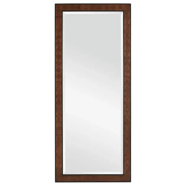The Dorian Floor Mirror showcases exceptional craftsmanship with laser-cut oak veneers hand-applied in a diamond box pattern. Black racing stripes add visual depth, while beveled edges enhance the sophisticated design.