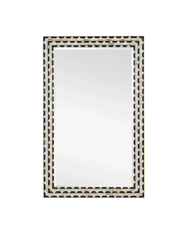 A stunning statement piece featuring hand-cut mother of pearl, horn, and brass in an intricate frame. The shimmering materials create depth and visual interest, making this mirror a focal point in any space.