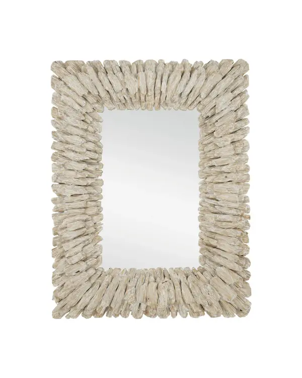 This statement mirror brings organic coastal charm through layered tumbled wood pieces in a whitewashed finish. The dimensional texture and substantial 40x51-inch size create a stunning focal point that works beautifully in both residential and hospitality settings.