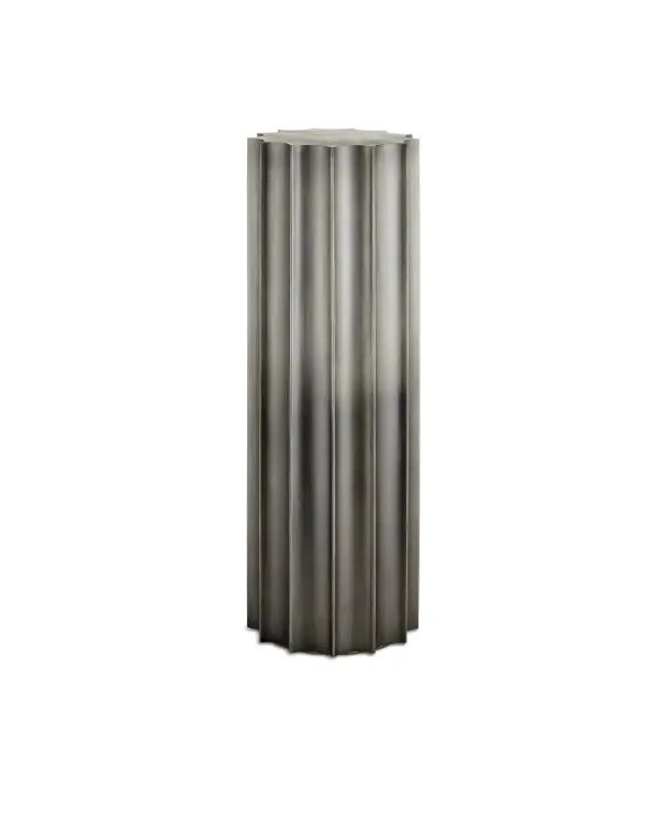 The Kanti Pedestal combines architectural fluting with a subtle graphite ombré that darkens toward the base. Its iron construction and felt-protected bottom make it both substantial and surface-safe for displaying art or botanicals.
