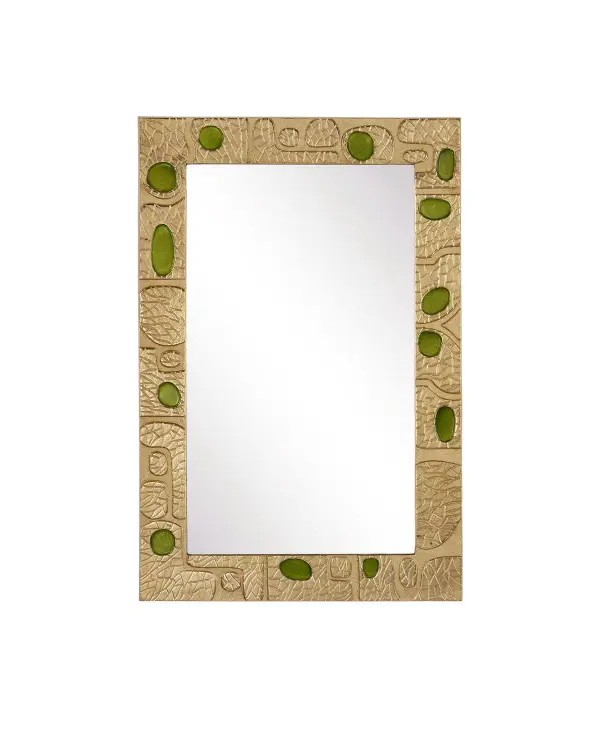 This stunning decorative mirror captures the glamour of 1940s French design with its textured aluminum frame adorned with green enamel lozenges. The beveled glass and versatile mounting options make it a sophisticated focal point.