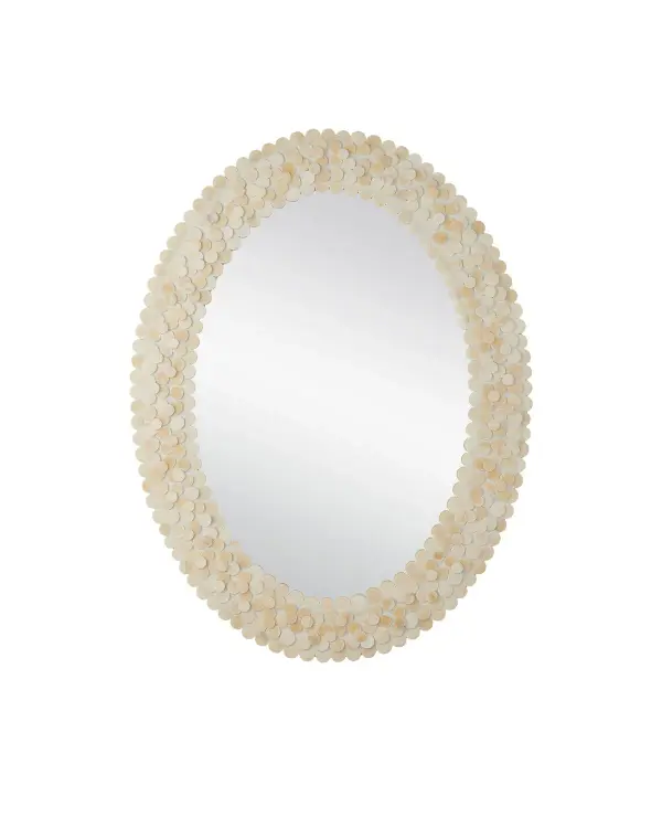 A stunning oval mirror featuring over 200 hand-ground buffalo bone discs arranged in a sophisticated pattern. The natural color variations create rich texture while maintaining an elegant ivory palette.