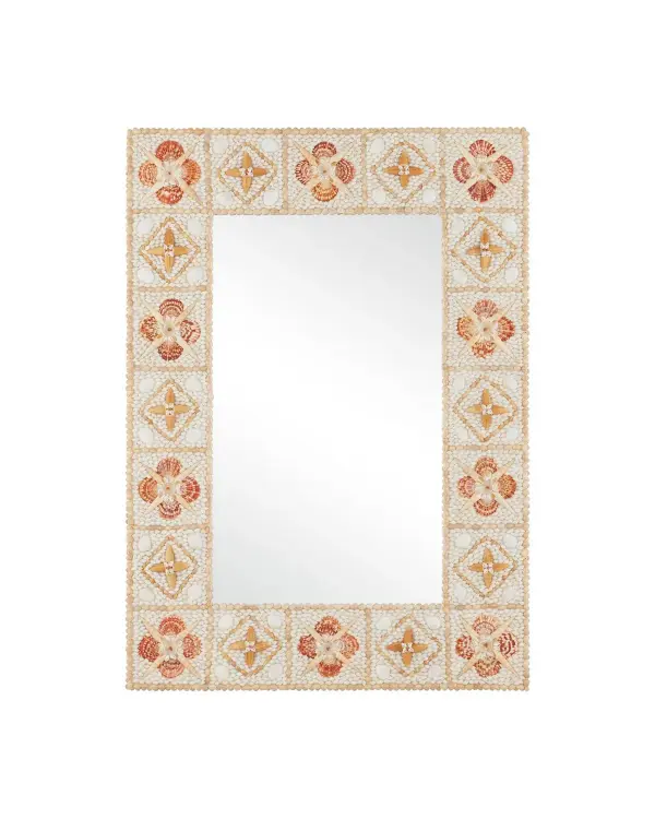 This handcrafted mirror showcases the ancient art of coquillage with natural shells arranged in delicate floral patterns. Each piece is unique, featuring pale peach, white, and purple tones that bring organic coastal beauty to any space.