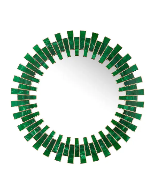 The Glasdele Emerald Mirror transforms any space with its mosaic of rich green art glass pieces framed in antique brass. This statement piece combines artisanal craftsmanship with contemporary design for a luxurious focal point.