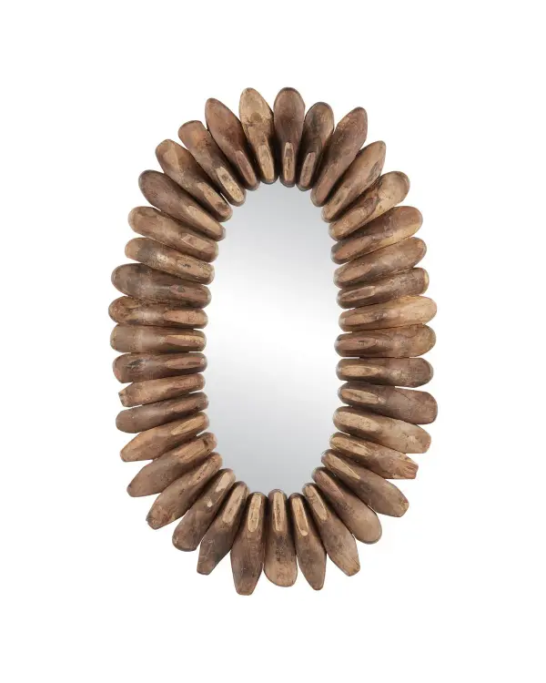 A distinctive wall mirror framed with vintage wooden shoe molds, each piece showcasing unique wood grain and patina. The sustainable design brings artisanal character and conversation-worthy craftsmanship to any space.