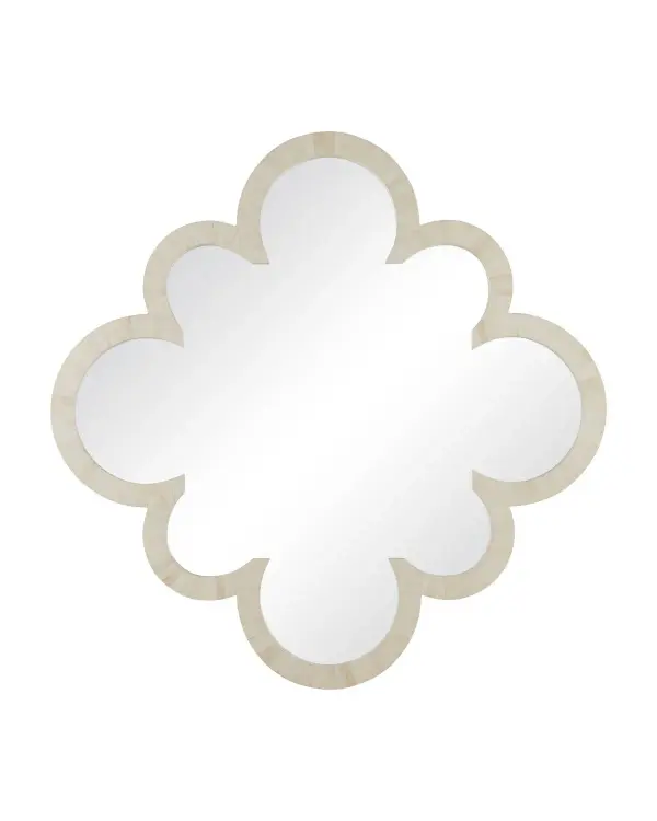 A stunning 41-inch square mirror featuring hand-inlaid bone in scalloped patterns. The geometric design can be hung as a square or diamond, offering versatile styling. Natural material variations add authentic artisanal character.