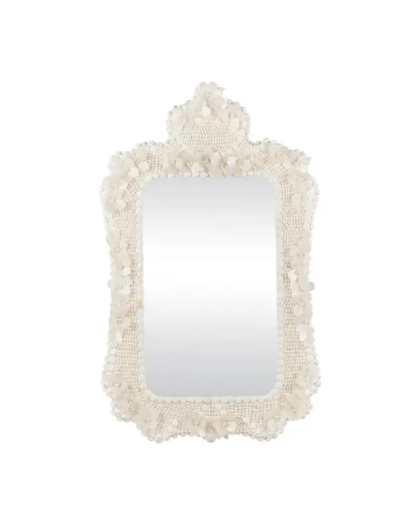 This handcrafted mirror showcases meticulous shell artistry with freshwater pearl details. The tone-on-tone ivory composition creates a sophisticated grotto aesthetic that elevates coastal and organic modern interiors.
