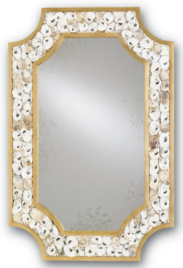 In Contemporary Gold Leaf/Natural/Antique Mirror by Currey and Company from the Margate Rectangular Oyster Shell Mirror collection