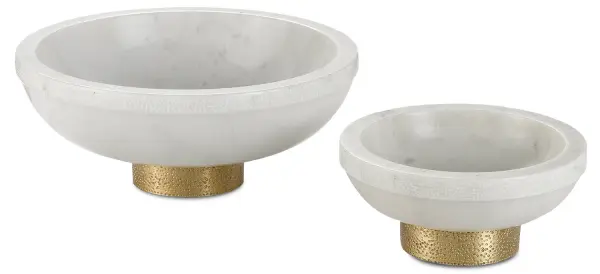 The Valor bowl combines natural white marble with warm brass accents for a refined decorative piece. Its substantial 15-pound weight and quality materials make it a statement accessory for contemporary and transitional interiors.